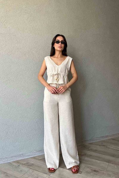 Seda Yalçın Atelier Straw Beaded Stone Color Trousers Set - Belt Detailed