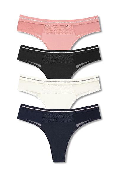 HNX 4-Piece Lace and Tulle Detailed Interlock Women's Thong Set