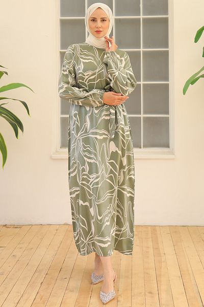 benguen Green Patterned Belted Dress - 4037