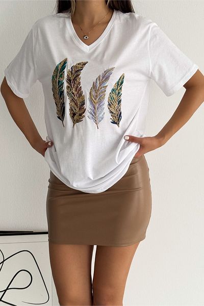 FEMELLE Tricou alb pentru damă, cu decolteu în V, cu paiete, 100% bumbac