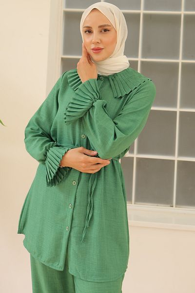 benguen Green Linen Set - 4044 Model, Collar and Sleeves with Pleats