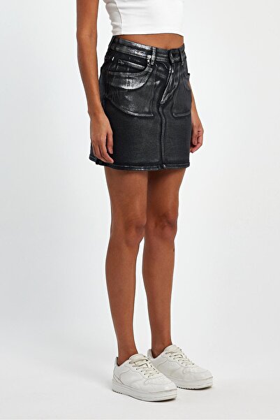 EXPLODE - Kadın Siyah Varaklı 5 Cep Likralı Mini Kot Etek