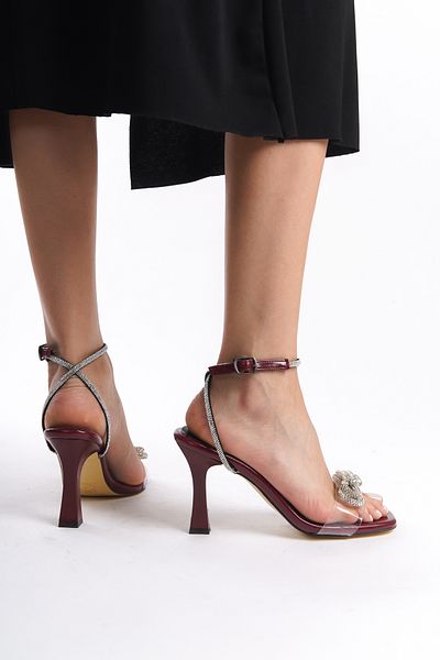 Moda Değirmeni Pantofi de damă cu toc transparent din piele lacuită roșie Claret - BG1181-121-0006