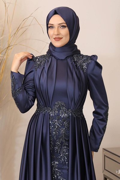 Fashion Showcase Navy Blue Draped Satin Long Hijab Evening Dress - Applique Embroidered