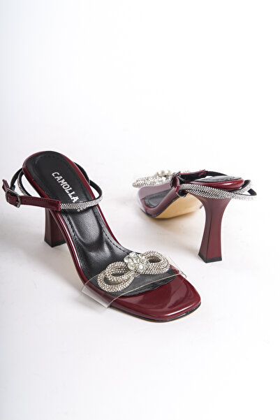 Moda Değirmeni Claret Red Patent Leather Stoned Bow Transparent Heeled Women's Shoes - BG1181-121-0006