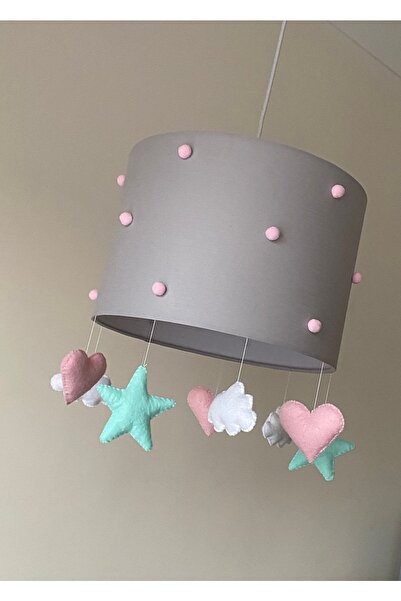 atölye ay ışığı Gri Zemin Pembe Ponponlu Bebek Çocuk Odası Avize