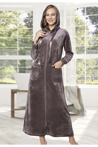 ESRATEKS Tuba Color Hooded Velvet Dress with Zippered Front