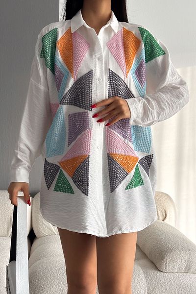 FEMELLE Cămașă oversize pentru femei cu broderie albă și cu paiete - Mărime standard