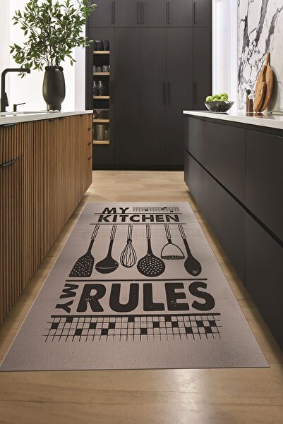 EY HOME Kitchen Rules Yazılı Kaşık Desen Yıkanabilir Mutfak Halısı, MUTFAK-47...