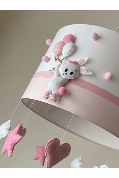 atölye ay ışığı Pembe Beyaz Ponponlu Tavşan Figürlü Bebek Çocuk Odası Avize