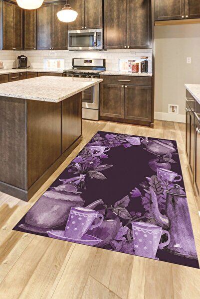 EY HOME Dijital Baskılı Kaymaz Taban Renkli Fincan Motifli Yolluk Mutfak Halısı