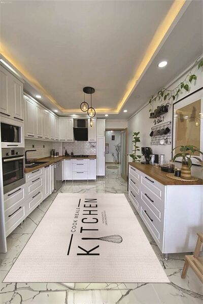 EY HOME Dijital Baskılı Yıkanabilir Kaymaz Taban Kitchen Yazılı Modern Yolluk...