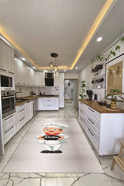 EY HOME Kitchen Yazılı Aşçı Motifli Kaymaz Taban Yıkanabilir Yolluk Mutfak Ha...