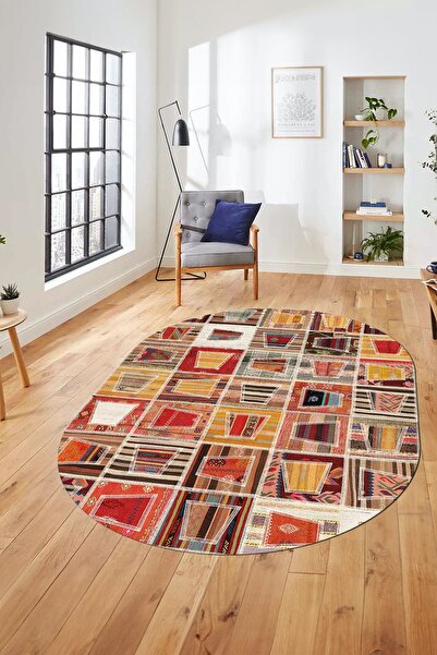 EY HOME Printed Non-Slip Base Washable Patchwork Pattern Oval Runner Living R...