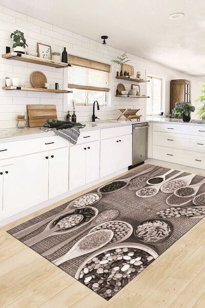 EY HOME 3D Kaşık Baharat Temalı Kaymaz Taban Yıkanabilir Yolluk Mutfak Halısı
