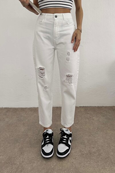 Eka Pantaloni albi de damă cu talie înaltă - EKA-0073-11123