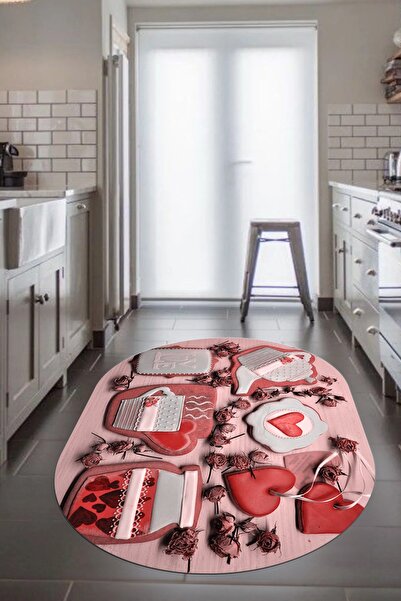 EY HOME 3D Kalp Fincan Motifli Kaymaz Taban Yıkanabilir Modern Oval Yolluk Mu...