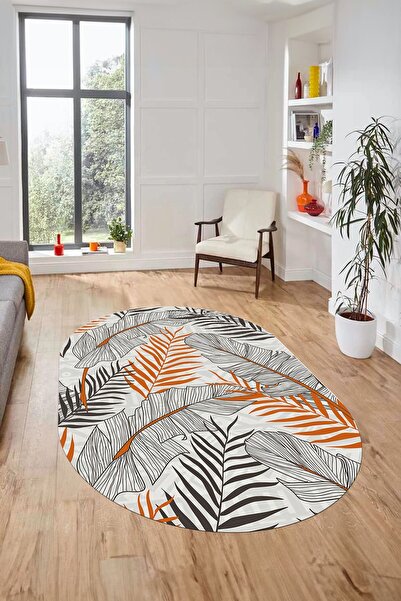EY HOME Yapraklı Baskılı Kaymaz Taban Yıkanabilir Modern Oval Yolluk Salon Ha...