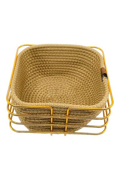 MiMW MimHome Gold - Stylish Wicker Knitted Square Corner Bread Basket, Stainless Metal, Multi-Purpose
