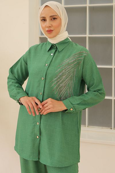 benguen Green Linen Set - 3870 Leaf Stones