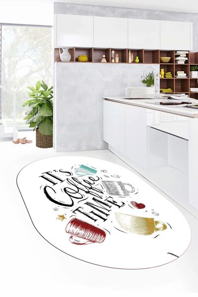 EY HOME Coffee Yazılı Renkli Fincan Desenli Yıkanabilir Kaymaz Oval Mutfak Ha...