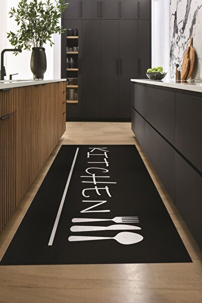 EY HOME Kitchen Yazılı Kaşık Çatal Bıçak Desenli Yıkanabilir Yolluk Mutfak Ha...