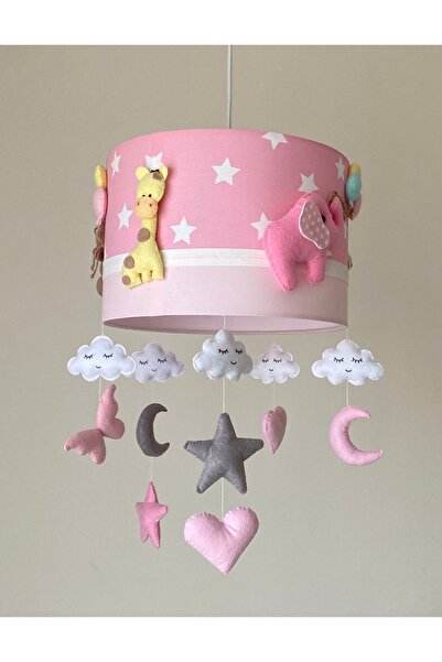 atölye ay ışığı Pembe Yıldızlı Karışık Hayvan Figürlü Kız Bebek Çocuk Odası Avize