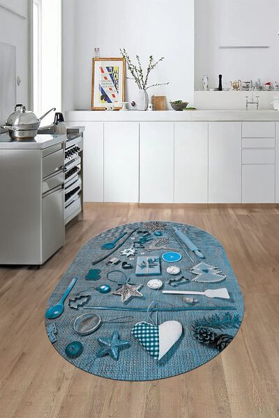 EY HOME 3D Dijital Baskılı Mutfak Eşyaları Motifli Yıkanabilir Oval Yolluk Mu...