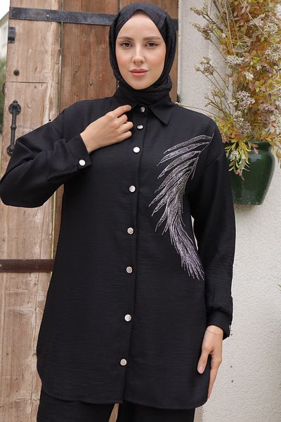 benguen Black Linen Set - 3870 Leaf Stone Detailed