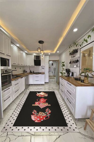 EY HOME Dijital Baskılı Yıkanabilir Kaymaz Taban Fincan Çiçek Desenli Yolluk ...