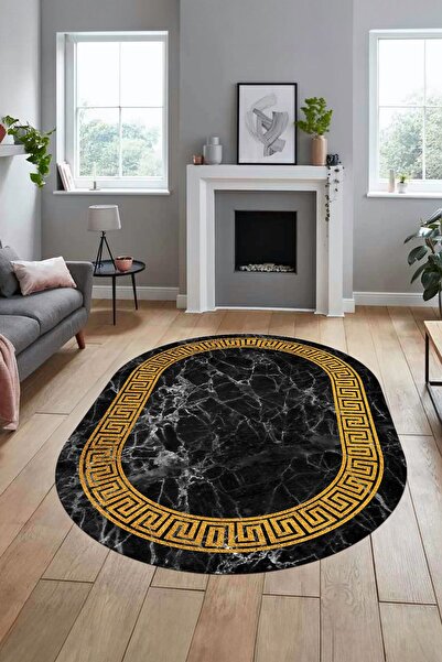 EY HOME Framed Marble Patterned Digital Non-Slip Base Washable Oval Hallway L...