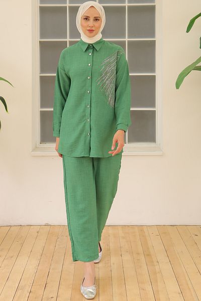 benguen Green Linen Set - 3870 Leaf Stones