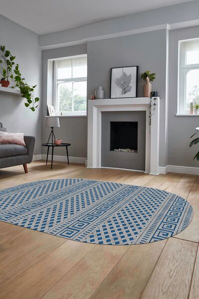 EY HOME Kilim Patterned Digital Non-Slip Base Washable Plain Oval Runner Hall...
