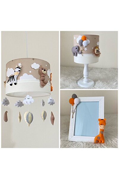 atölye ay ışığı Kahve Bulutlu Krem Renk Erkek Veya Kız Bebek Avize Abajur Çerçeve Seti