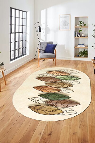 EY HOME Baskılı Kaymaz Taban Yıkanabilir Yaprak Desenli Yolluk Mutfak Oval Sa...