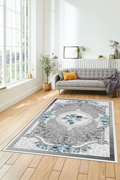 EY HOME Çiçekli Klasik Desen Dijital Kaymaz Taban Yıkanabilir Yolluk Mutfak S...