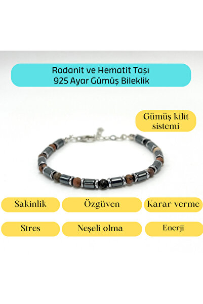 YILDIZ DOĞAL TAŞ Sertifikalı Rodanit ve Hematit  925 Ayar Doğal Taş Gümüş Bil...