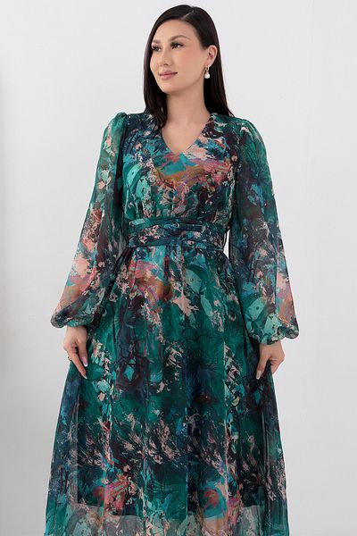 PULLIMM Rochie midi din șifon cu mânecă lungă și decolteu în V - GRS3410