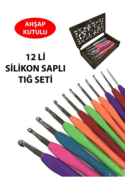 aladepo Renkli Elastik Silikon Saplı 12 Farklı Numaralı Makrome Örgü Tığ Seti (Özel Ahşap Kutulu)