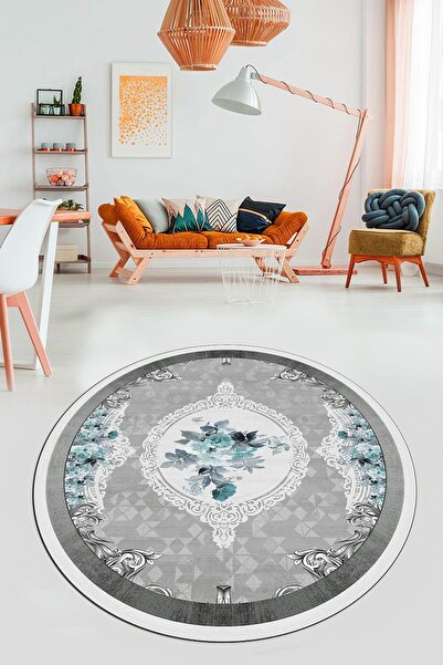 EY HOME Çiçekli Klasik Dijital Kaymaz Taban Yıkanabilir Yuvarlak Mutfak Salon...