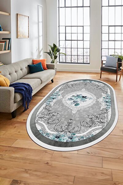 EY HOME Çiçekli Klasik Dijital Kaymaz Taban Yıkanabilir Oval Yolluk Salon Halısı