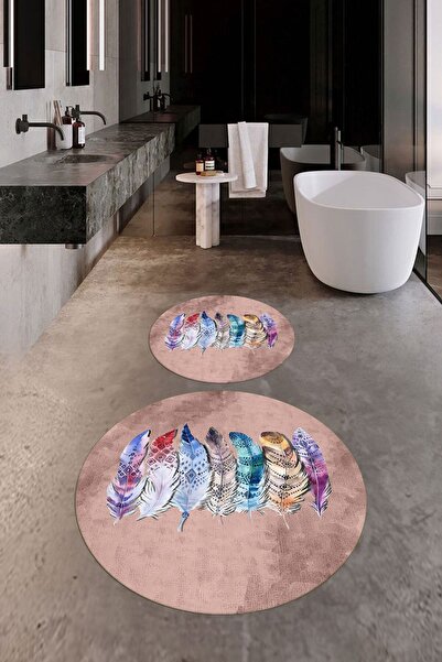 EY HOME Ψηφιακό πλενόμενο αντιολισθητικό πολύχρωμο έθνικ σχέδιο με φύλλα διπλό σετ στρογγυλής λεκάνης τουαλέτας μπάνιου