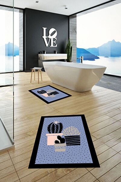 EY HOME Ψηφιακό σετ τουαλέτας με δύο χαλιά μπάνιου με αντιολισθητικό σχέδιο λουλουδιών κάκτου που πλένεται με τύπωμα φορές