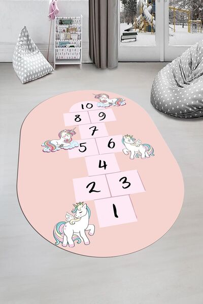 EY HOME Unicornlu Sek Sek Desen Yıkanabilir Eğlenceli Oval Çocuk Odası Oyun H...
