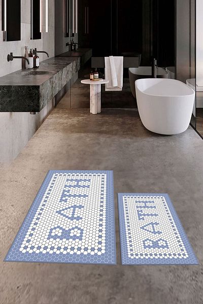 EY HOME Set de scaun de toaletă cu covoraș de baie dublu cu model mozaic imprimat digital, KLZT-7-ALBASTRU,