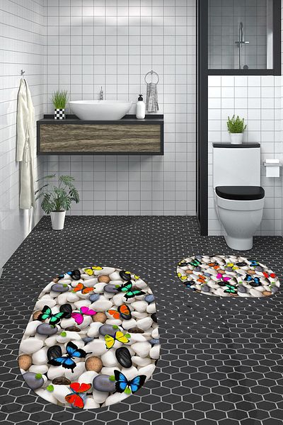EY HOME Set de toaletă ovală, covor de baie dublu, lavabil digital 3D, cu model de fluture, OKLZT-44-COLOR,