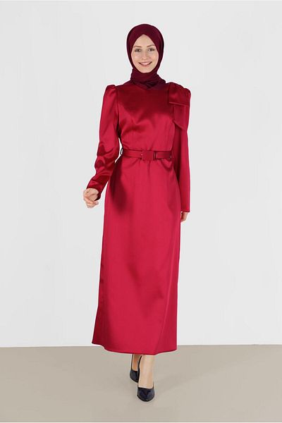 Alvina Satin Belted Shoulder Detailed Dress 42419