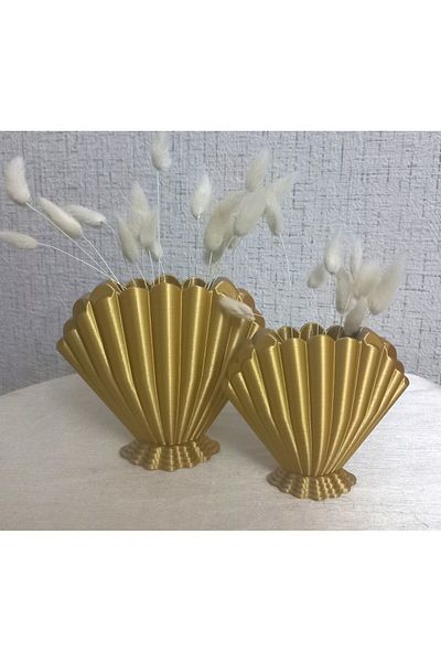 Poyraz Bioplast Seashell Pattern Decorative Vase - Set of 2, Gold/Silver Silky, Shiny