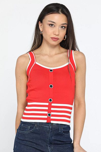 GÜLSELİ Women's Seasonal Knitwear Blouse - Red, Front Button Detail and Stripe