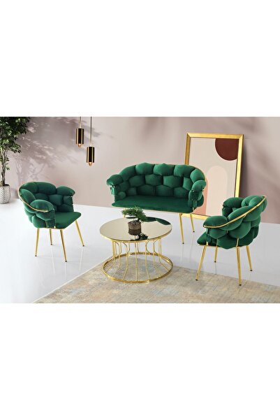 Viento Mobilya Balon Yeşil Babyface Kumaş Gold Iskeletli Çay Seti (orta Sehpa...